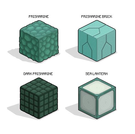 Prismarine comes in various forms: the original blue-green block, the smoother-looking teal shades of prismarine brick, and finally, dark prismarine, which has a more greenish hue than the other two. With three different looking blocks, the mixing and matching possibilities increase your artistic potential.. 