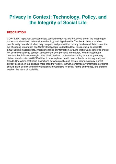 Privacy In Context Technology Policy And The Integ