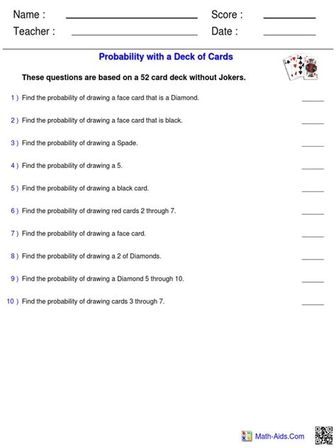 Probability Cards Worksheet Basic Math Aids PDF Playing