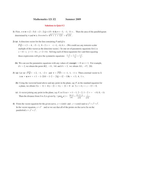 Problems On Vectors In Calculus Iii Quiz Math 121 Docsity