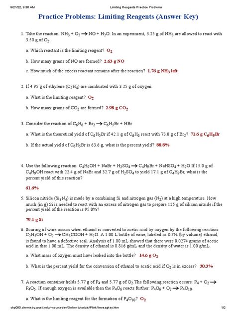 Problems Practice Limiting Reagents Answers