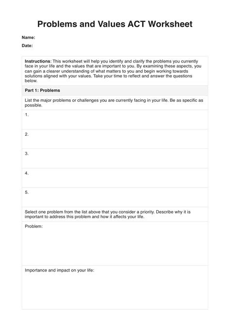 Problems and Values ACT Worksheet & Example Free PDF Download