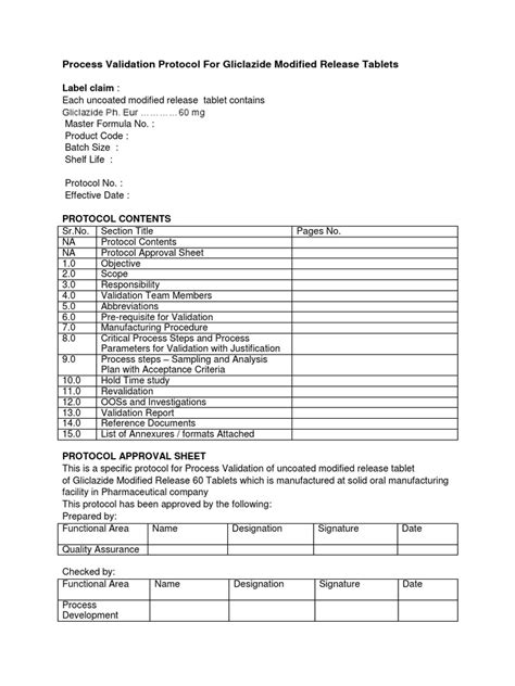 Process Validation Protocol for Gliclazide Modified Release Tablets