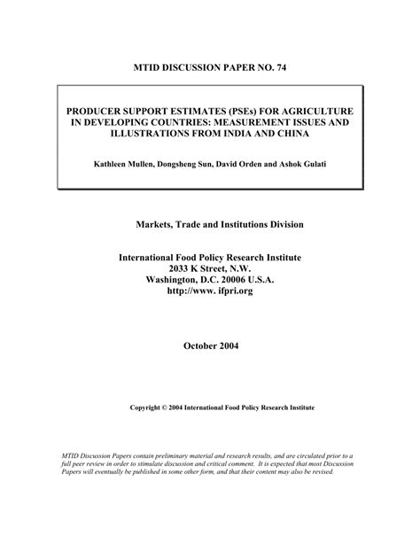 Producer Support Estimates (PSEs) for agriculture in developing ...