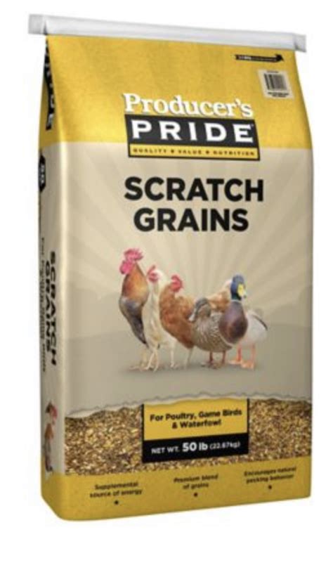 Producer’s Pride Scratch Grains Poultry Feed, 50 lb. Producer’s Pride Scratch Grain is a feed supplement designed to provide nutrition for adult chickens. This blend of clean, whole and cracked grains serves as an energy source, while pecking behavior provides a stress-relieving activity for confined or semi-confined birds.. 