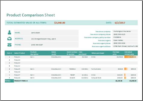 Product Comparison Sheet Template for MS Excel Word & Excel Templates