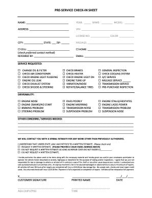 Product reviews PreService CheckIn Sheet