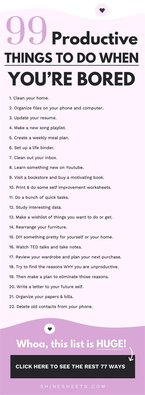 Productive things to do when bored. Jul 30, 2019 · Instead of twiddling your thumbs, bored, and idle you can make this time count! Here is a list of productive things to do when bored which will not only pass the time but will enrich your working and personal life. 1. Cooking. When things are busy in the home office, the takeaway menu on the fridge can be an easy option. 