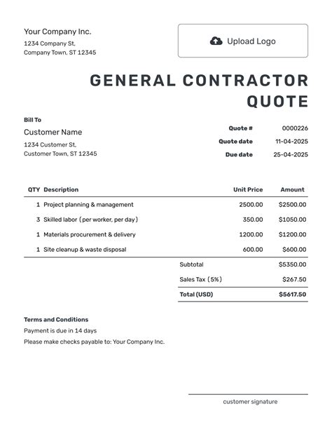 Professional General Contractor Quotation Template Doc in 2021