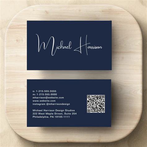 Professional Modern Script QR Code Blue Business Card