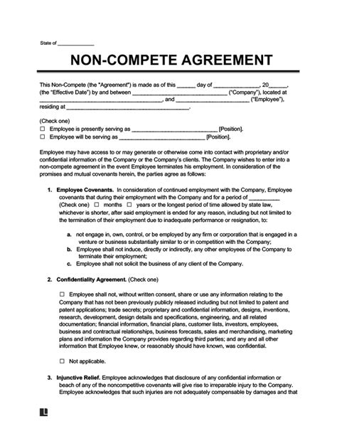 Professional Non Compete Agreement California Template Word Example