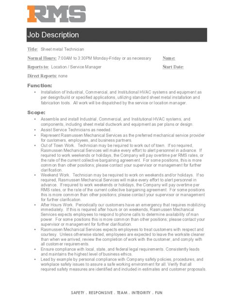 Professional Sheet Metal Worker Job Description Template