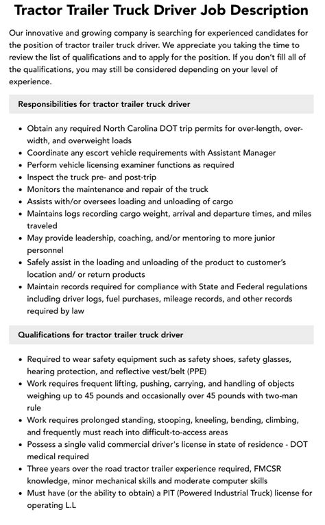 Professional Tractor-Trailer Truck Driver Job Description Template