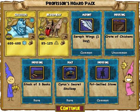 From the Wizard101 website: The Professor's Hoard Pack is one of our coolest packs ever! Players have a chance to get complete gear sets from their favorite professors - one from each school. This pack is also loaded with 7 different Cast Symbol Mounts and an adorable Owl Protégé pet that is Gamma approved!