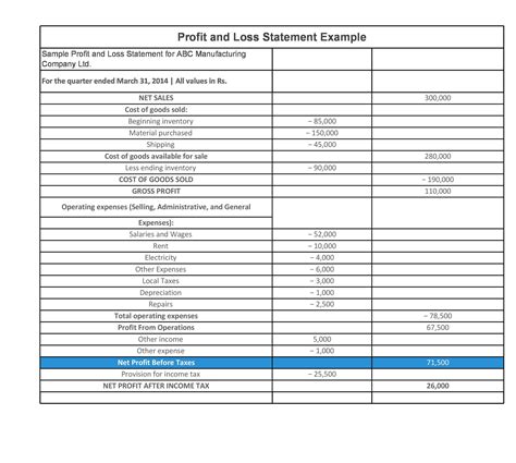 Profit Loss Statement Template