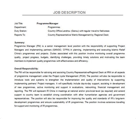 Program Manager Job Description Template 10+ Free Word, PDF Format
