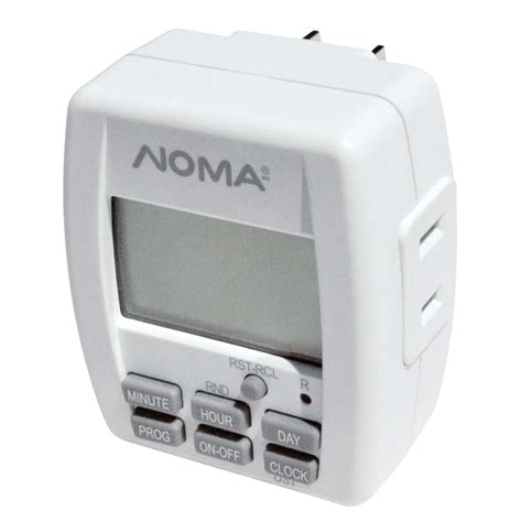 Program noma timer. The NOMA Indoor Timer with Digital Display is a simple solution when using holiday lights, lamps, fans, and other indoor devices. It comes with one polarized outlet, up to 20 programs, and 140 on/off settings you can use per week. Easily use this indoor timer to program day to day, or a series of days, for added convenience. 