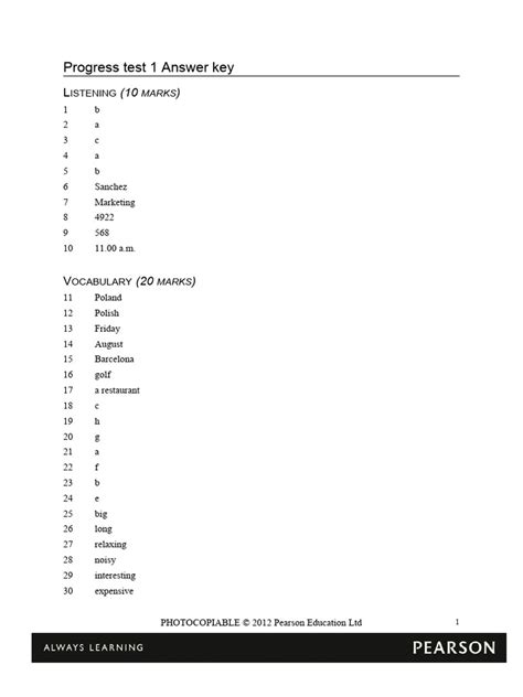 Progress Test 1 Answer Key