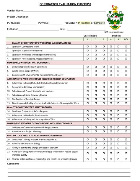 Project Contractor Evaluation Checklist Templates at