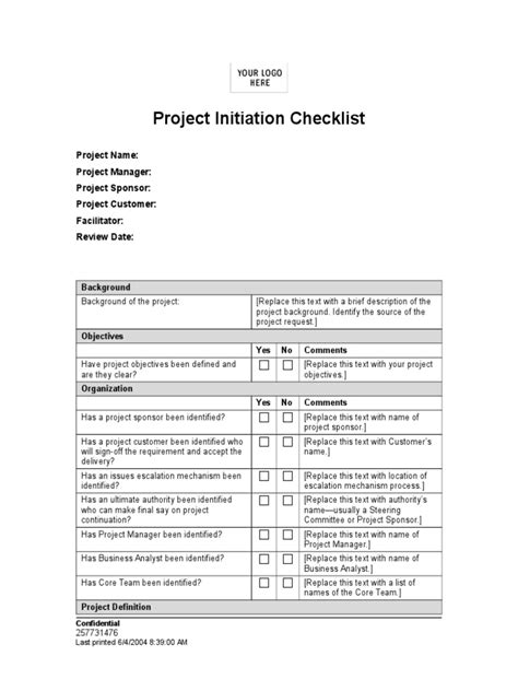 Project Initiation Checklist PDF Project Management Risk