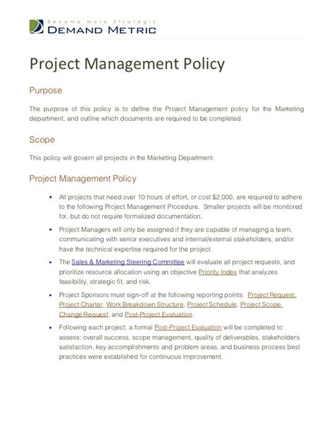 Project Management Policy Policy Project Management