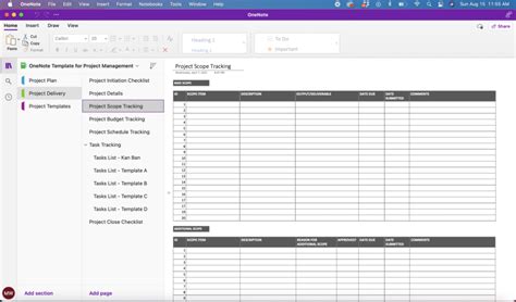 Project Management Template Onenote