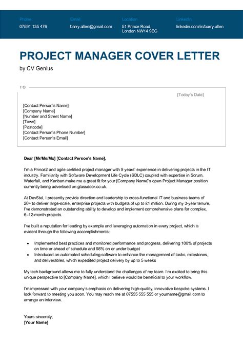 Project Manager Cover Letter Example Professional project manager