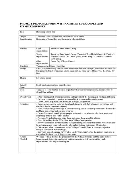 Project Proposal Form with Completed Example and Itemized Budget Free