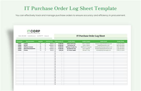 Project Purchase Order Log Template