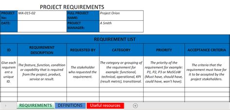 Project Requirements Template Excel Template FREE