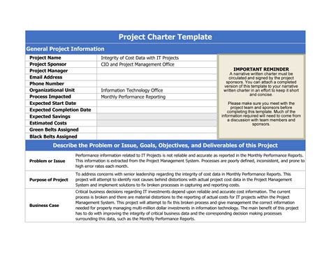 Project charter of a project. A Project Charter is a living document that displays core information of a project, such as the project's name, sponsors, problem and goal statements, scope, benefits, and timeline. It is used typically in Lean Six Sigma DMAIC (Define, Measure, Analyze, Improve, Control) methodology at the inception of the project, and is consistently referred ... 