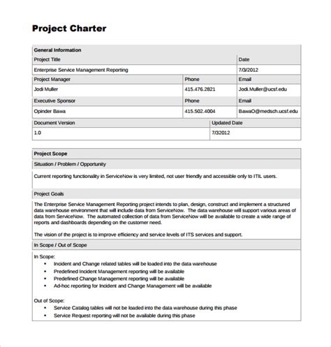 Project charter template in Word and Pdf formats