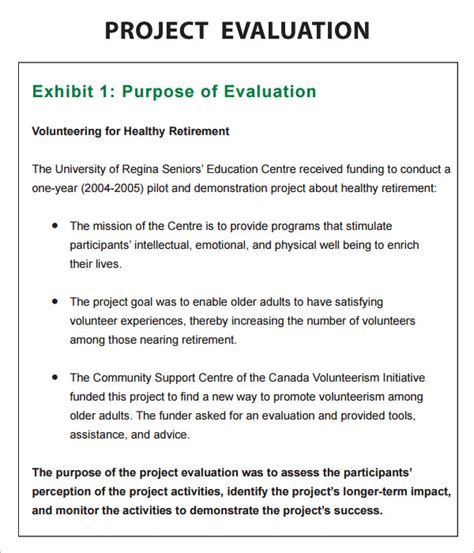 Project evaluation example. A clear, concise, brief and yet complete guide on writing mid-term or final evaluation report for a Project of any kind. The format is also available in MS Word format and can be downloaded from here: Evaluation Report Writing Template. 1. Executive Summary. The executive summary of an evaluation report is a shortened version of the full report. 