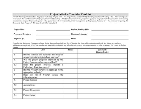 Project initiation transition checklist