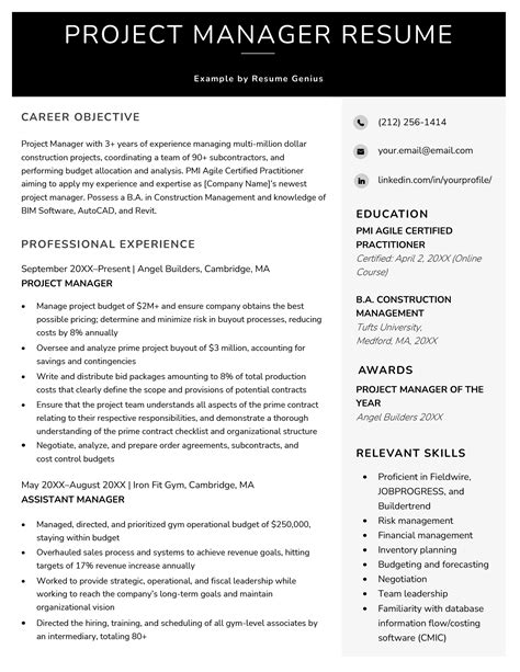 Project manager resume examples. Project Planning: Develop project plans, timelines, and budgets, and ensure that all stakeholders are aligned with project goals and objectives. Risk Management: Identify potential risks and develop strategies to mitigate them, ensuring that the project stays on track and within budget. Team Management: Manage a team of developers, designers ... 