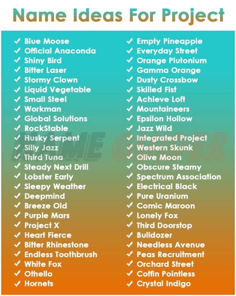Project name generator.  3.  Give your creative endeavor a name as innovative as your idea. ...