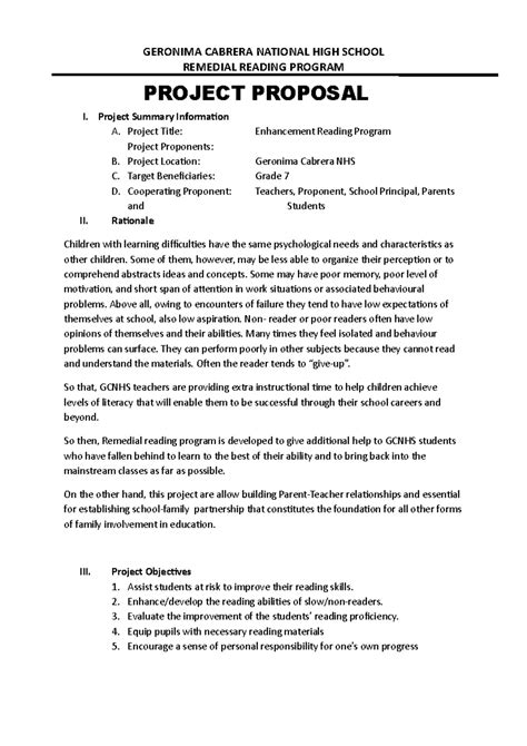 Project proposal in reading and writing