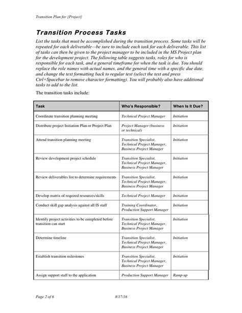 Project transition plan template in Word and Pdf formats page 2 of 6