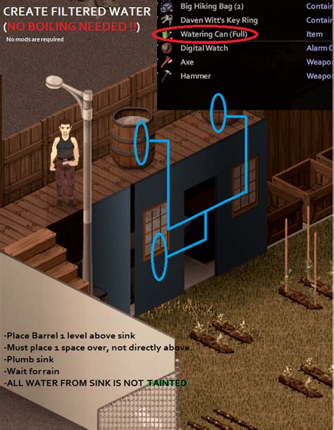 But hey, it's still entirely possible to collect water in Project Zomboid even if the taps don't work and the shower is dry. Utilizing the carpentry skill, you can craft rain barrels using four planks, four garbage bags, and four nails. However, the water you accumulate is tainted at first glance. You'll need to treat it or boil it to ...