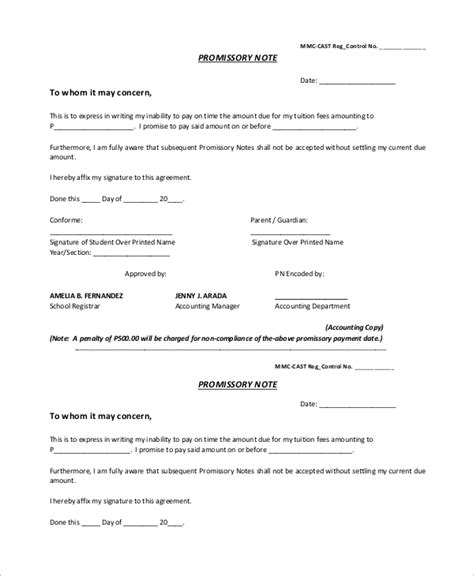 Promissory Note Example For School Payment