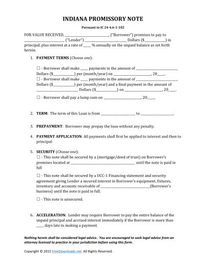 Promissory Note Template Indiana