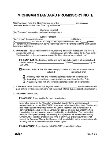 Promissory Note Template Michigan