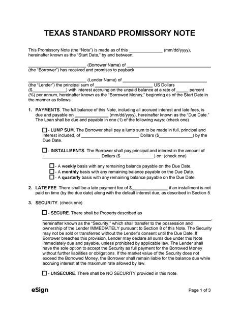 Promissory Note Template Texas