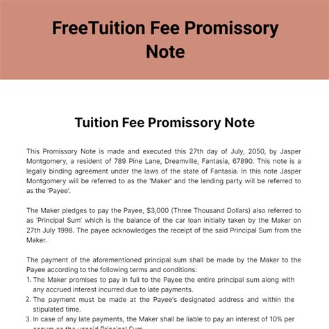 Promissory Note Tuition Fee Example Payment Sample Promissory Note