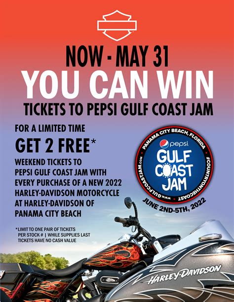 Promo code for gulf coast jam. On June 2-5, the highly anticipated Pepsi Gulf Coast Jam concert returns for its tenth year to Frank Brown Park in Panama City Beach with award-winning artists and bands performing daily during one of the most thrilling four-day country music festivals around! Pepsi Gulf Coast Jam has been bringing you the freshest sounds in country … 