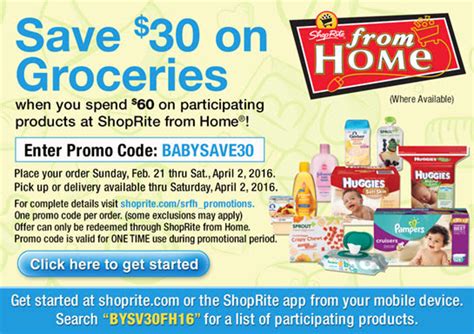 Promo code for shoprite from home. PRODUCT SELECTION. ShopRite.com carries a full selection of the brand names and ShopRite brand products you've come to know and trust. You can feel confident about choosing fresh meat and poultry, produce, seafood and deli items. Your Personal Shopper will take special care to make sure the products selected for you are exactly what you … 