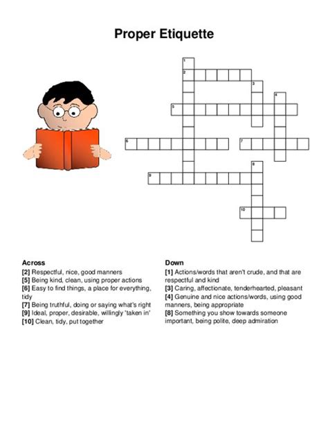 Proper online manners crossword clue. manner of walking (71.51%) In a lasting manner (71.51%) lacking civility or good manners (70.05%) Manner of acting (69.44%) Know another solution for crossword clues containing One lacking manners? Add your answer to the crossword database now. All crossword answers with 4 Letters for One lacking manners found in daily crossword puzzles: NY ... 
