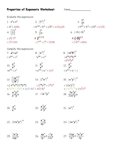 Properties Worksheet Of Exponents Answers