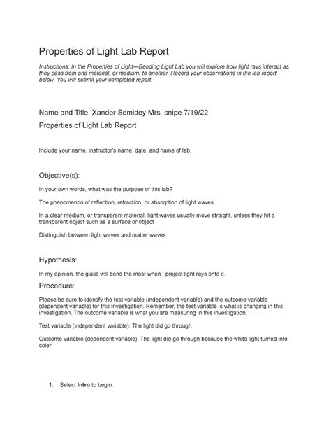 Properties of Light Lab Report Instructions: In the ... - Brainly