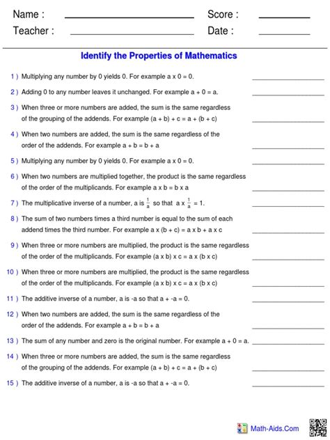 Properties of numbers worksheet pdf.  Multiplicative Identity G.  Properties...